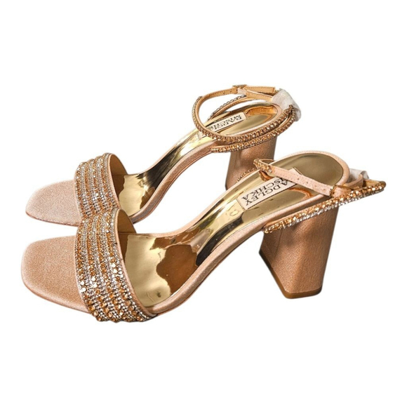 Badgley Mischka Embellished Block Heel Sandals Tan/Gold Size 8.5 - Picture 2 of 12